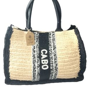DE SIENA CABO Raffia Tote Bag Natural & Black Beaded Bag Retail $458